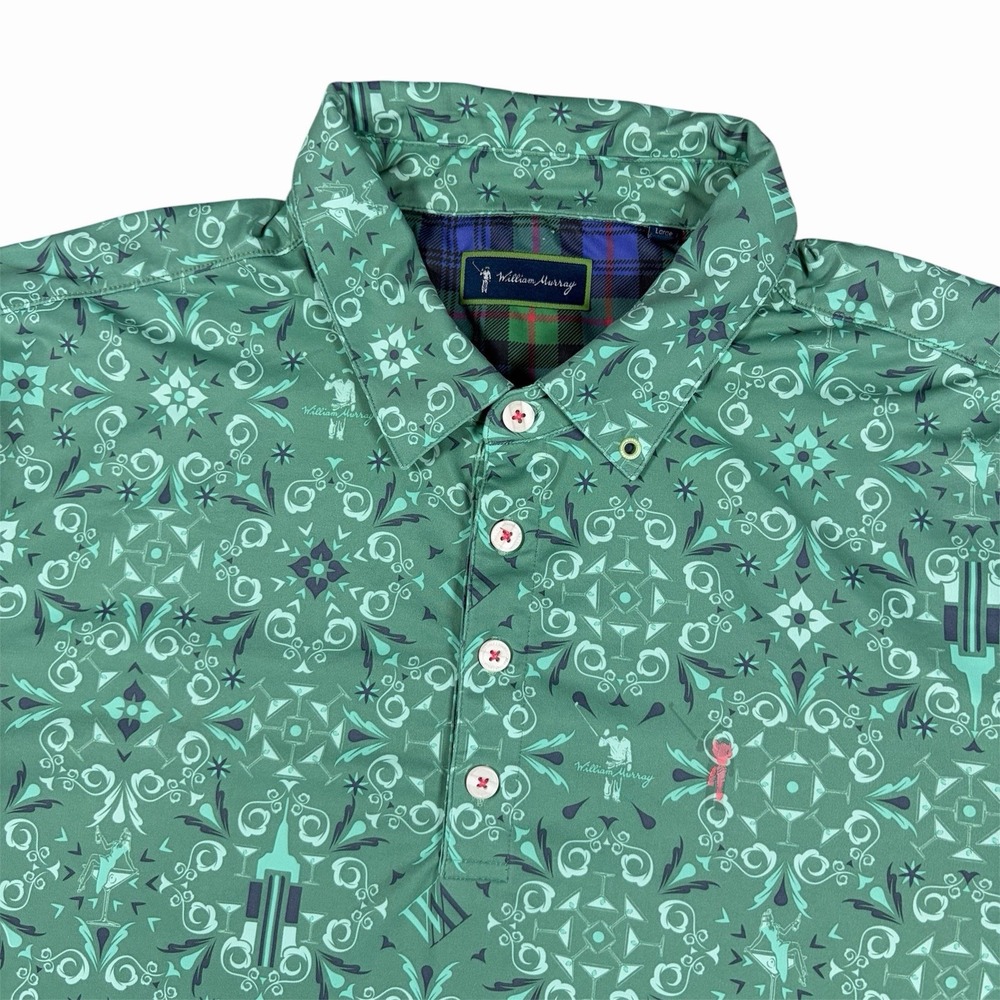 William Murray Polo Shirt Men L Green Floral Paisley Print AOP Performance Golf